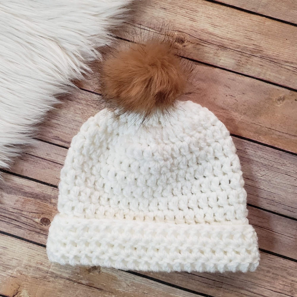 White Crochet Beanie, Fur Pom Pom, Cute Hats, Gift
